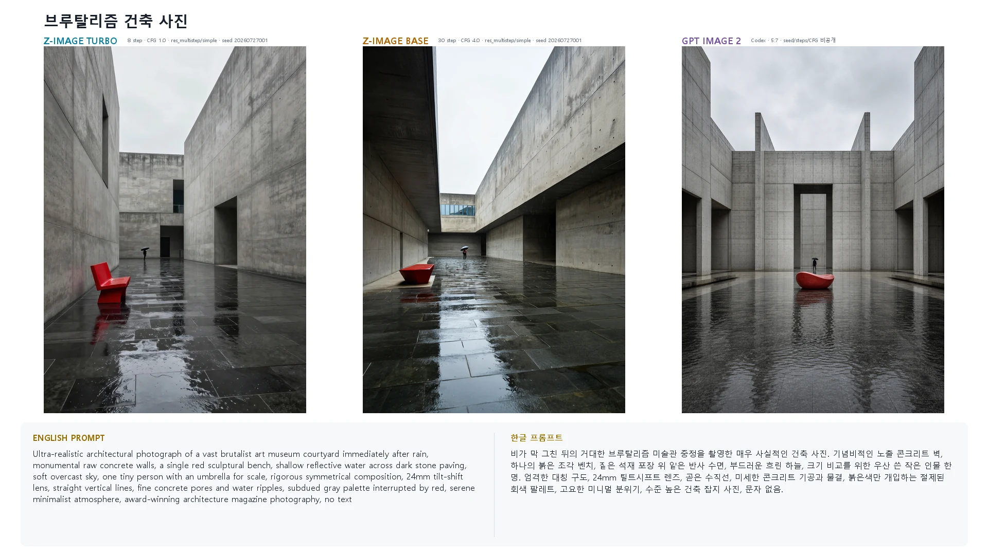 브루탈리즘 건축 사진 — Z-Image Turbo · Base · GPT Image 2 비교