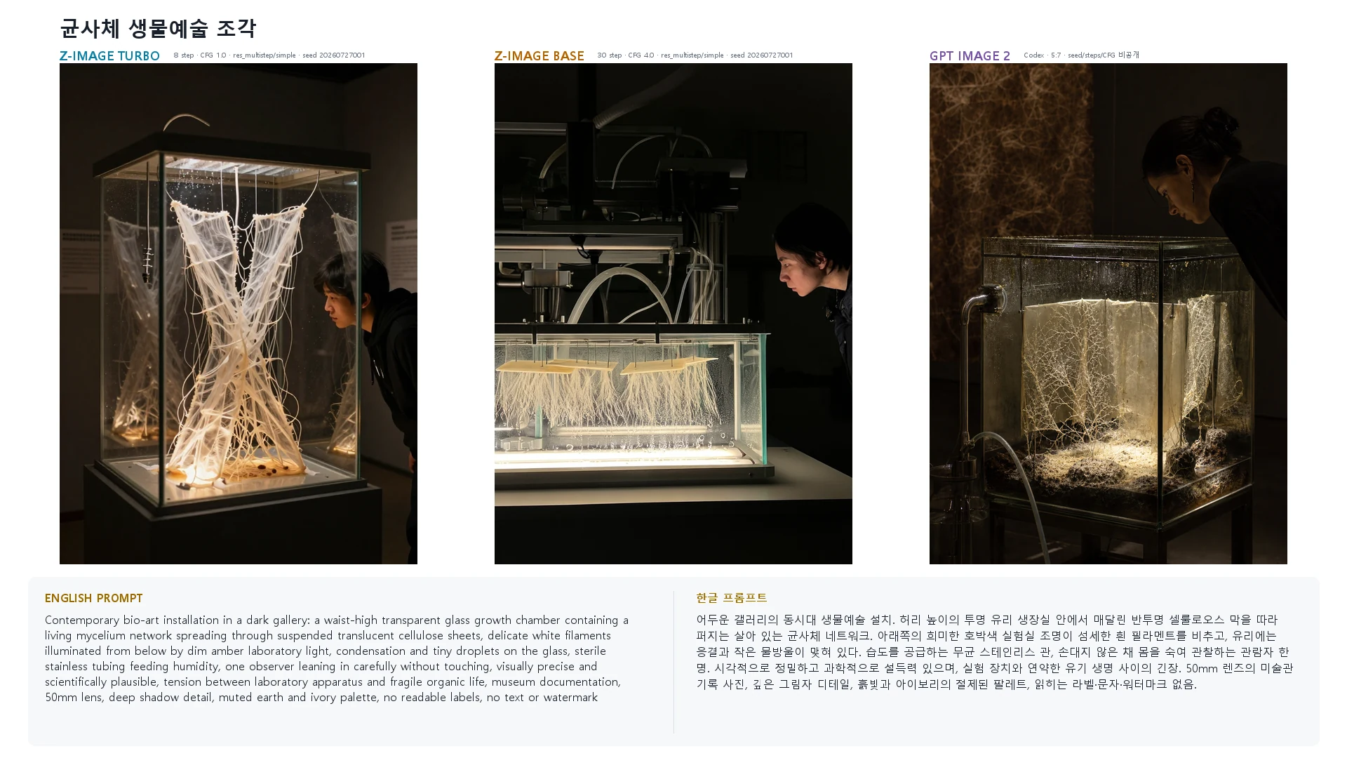 균사체 생물예술 조각 — Z-Image Turbo · Base · GPT Image 2 비교