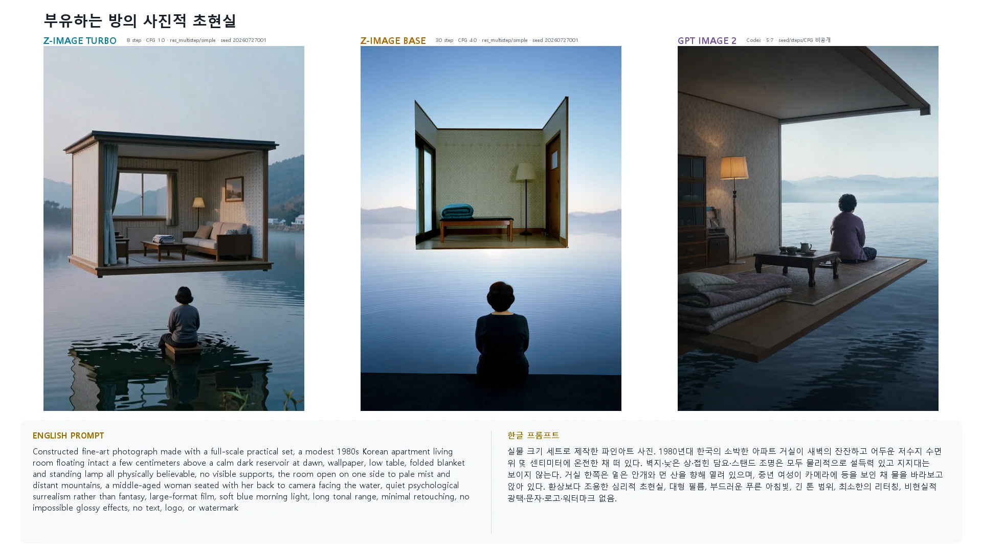 부유하는 방의 사진적 초현실 — Z-Image Turbo · Base · GPT Image 2 비교