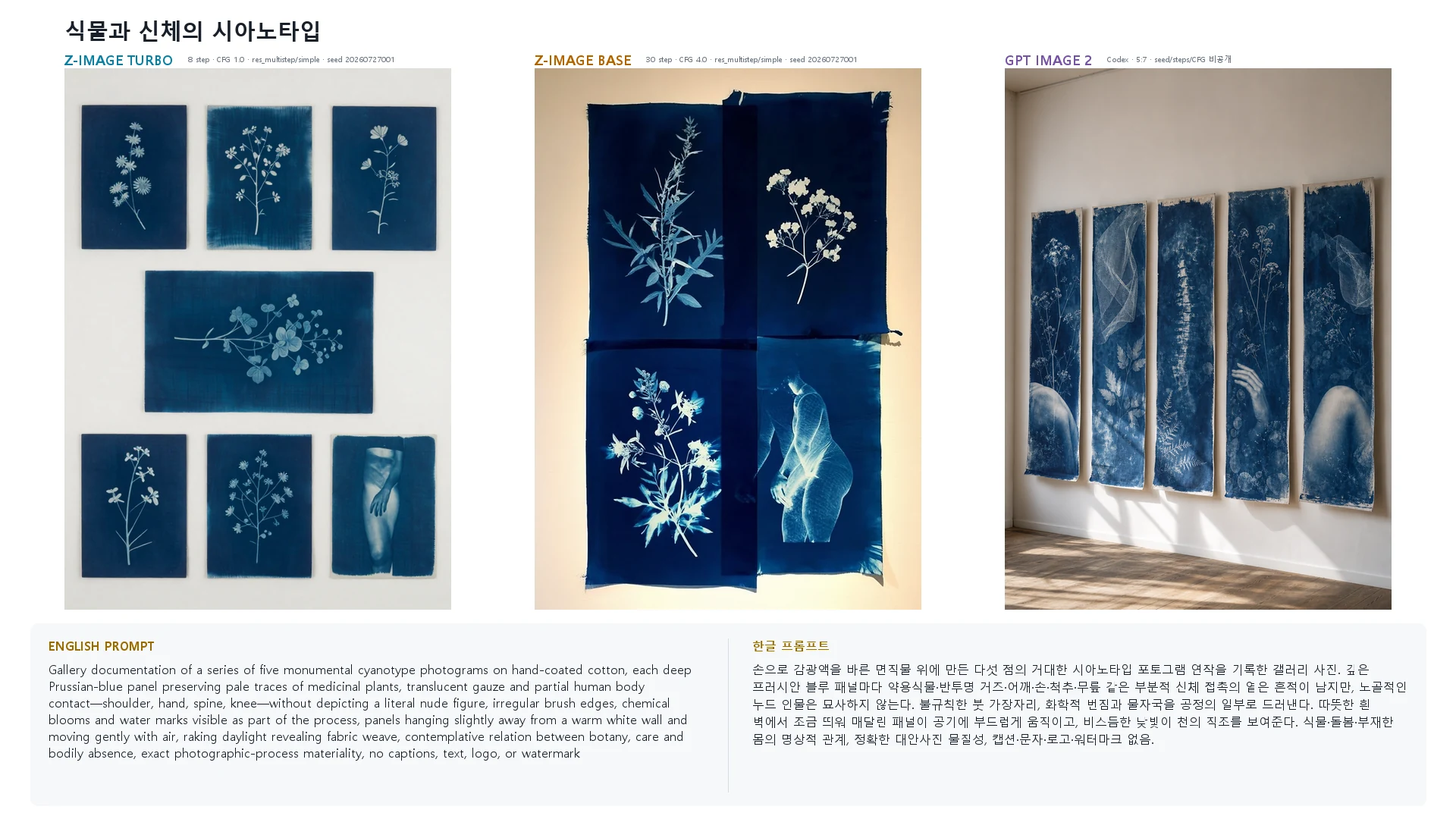 식물과 신체의 시아노타입 — Z-Image Turbo · Base · GPT Image 2 비교