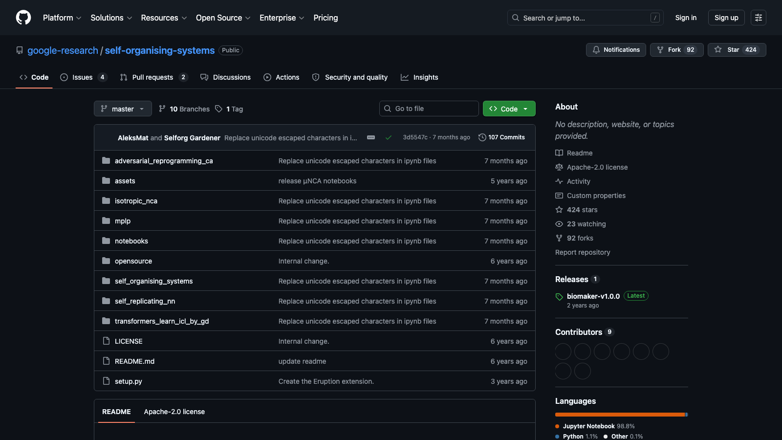 Google Research self-organising-systems GitHub 저장소 화면