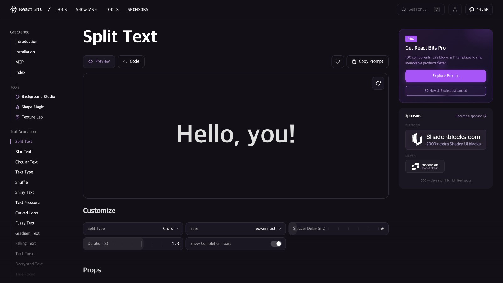 ReactBits Split Text 페이지
