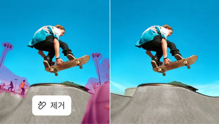 스케이트보더 사진에서 배경의 사람과 기둥을 제거한 Adobe 공식 전후 화면